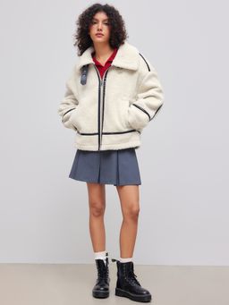 Cider - Fleece Collar Contrasting Binding Pocket Shearling Jacket