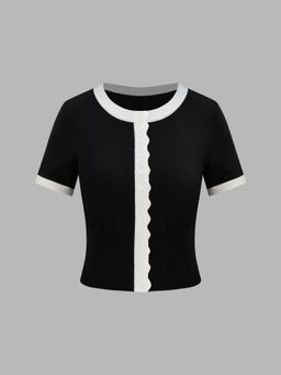 Cider - Knitted Round Neckline Solid Contrasting Binding Short Sleeve Top