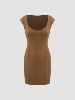 Cider - Knitted V-neck Solid Short Sleeve Mini Dress