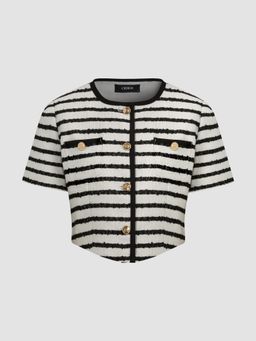 Cider - Tweed Round Neckline Striped Button Short Sleeve Top