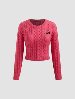 Cider - Cable Knit Round Neckline Cherry Long Sleeve Crop Top