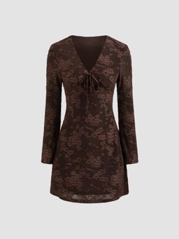 Cider - Jacquard V-neck Floral Knotted Mini Dress