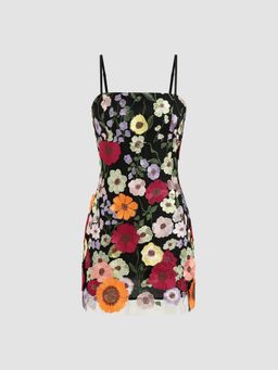 Cider - Jacquard Square Neck Colorful Floral Embroidery Mini Dress