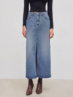 Cider - Denim Mid Rise Solid Pocket Split Maxi Skirt