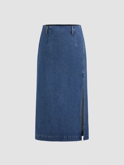 Cider - Denim Mid Rise Solid Button Split Maxi Skirt