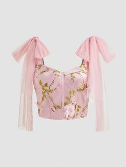 Cider - Jacquard Sweetheart Neckline Floral Sheer Bowknot Corset Crop Cami Top