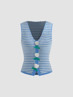 Cider - Knitted V-neck Floral Striped Vest