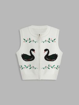 Cider - Knit Swan Leaf Embroider Zipper Vest