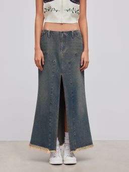 Cider - Denim Low Rise Solid Split Raw Hem Pocket Maxi Skirt