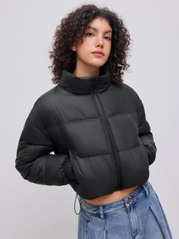 Cider - Stand Collar Solid Zipper Drawstring Pocket Puffer