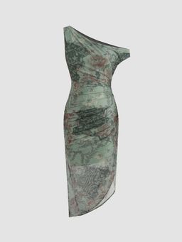 Cider - Mesh Asymmetrical Neck Floral Ruched Midi Dress