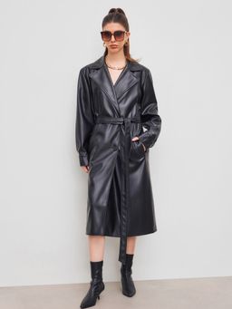 Cider - Faux Leather Collar Solid Pocket Oversized Long Coat With Belt