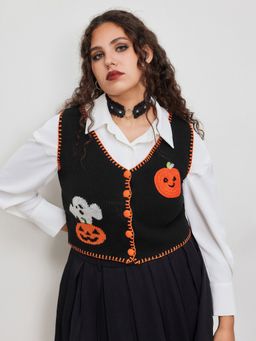 Cider - Knit V-neck Pumpkin Ghost Contrasting Binding Vest Curve & Plus
