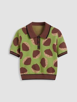 Cider - Knitted Polo Chestnut Short Sleeve Top