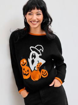 Cider - Knitted Round Neckline Pumpkin Ghost Contrasting Binding Long Sleeve Top