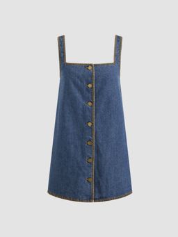 Cider - Denim Button Contrasting Stitch Pinafore Mini Dress