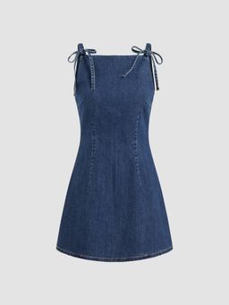 Cider - Stretch Denim Solid Zipper Knotted Mini Dress