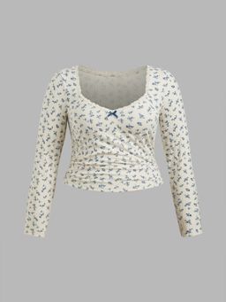 Cider - V-neck Floral Bowknot Lace Trim Ruched Long Sleeve Top Curve & Plus