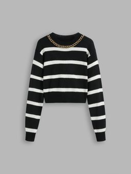 Cider - Knit Round Neckline Striped Chain Detail Crop Sweater