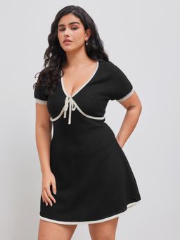 Cider - Knitted V-neck Solid Knotted Contrasting Binding Mini Dress Curve & Plus