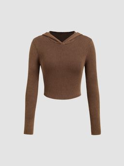 Cider - Knit Hooded Solid Long Sleeve Crop Top