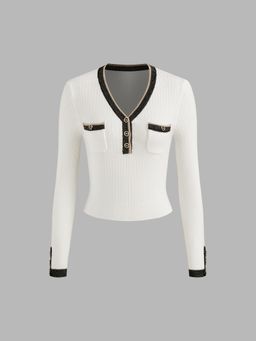Cider - Knitted V-neck Solid Contrasting Binding Long Sleeve Top