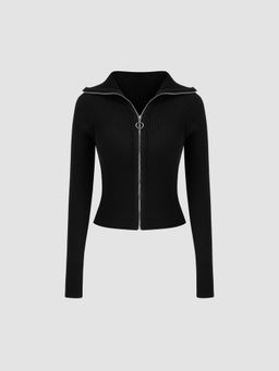 Cider - Knitted Collar Solid Zipper Cardigan