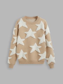 Cider - Knitted Round Neckline Star Long Sleeve Top