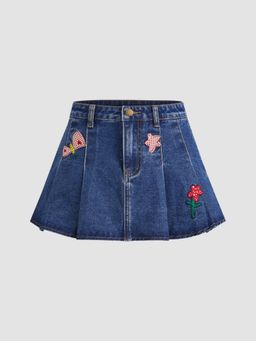 Cider - Denim Low Rise Solid Floral & Butterfly Pocket Pleated Micro Mini Skirt