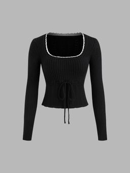 Cider - Knit Square Neck Knotted Long Sleeve Top