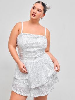 Cider - Sequin Square Neck Solid Layered Ruched Mini Dress Curve & Plus