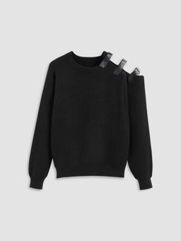 Cider - Knitted Round Neckline Solid Belted Asymmetrical Long Sleeve Top