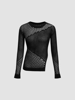 Cider - Knit Round Neckline Hollow Out Split Asymmetrical Long Sleeve Top