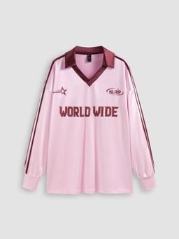 Cider - WORLD WIDE Collar Contrasting Binding Oversized Long Sleeve Tee