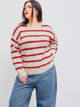 Cider - Wool-blend Knit Round Neckline Striped Sweater Curve & Plus