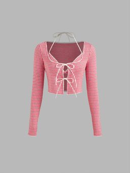 Cider - Scoop Neckline Gingham Tie Front Bow Long Sleeve Top With Gingham Knotted Bralette