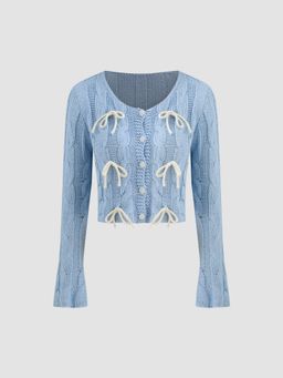 Cider - Cable Knit Round Neckline Solid Bowknot Button Cardigan