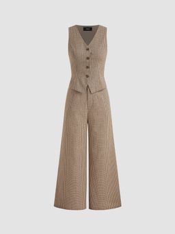 Cider - Cotton-blend V-neck Gingham Button Pocket Wide Leg Jumpsuit
