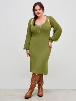 Cider - Knitted Scoop Neckline Solid Knotted Midi Dress & Knitted Long Sleeve Shrug Set