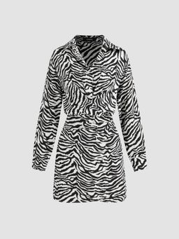 Cider - Collar Zebra Striped Long Sleeve Mini Dress
