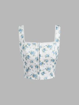 Cider - Square Neck Floral Lace Trim Shirred Crop Tank Top