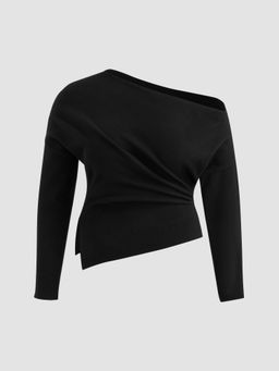 Cider - Knitted Asymmetrical Neck Solid Ruched Split Sweater Curve & Plus