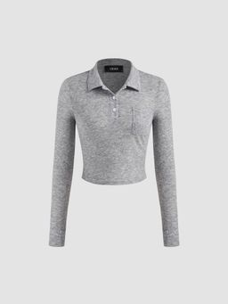 Cider - Collar Solid Long Sleeve Crop Top