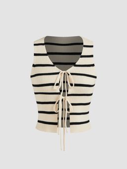 Cider - Knitted V-neck Striped Tie Front Crop Vest