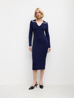 Cider - Knit V-neck Solid Contrasting Binding Midi Dress