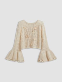 Cider - Wool-blend Knit Boat Neck Pearl & Rosette Crop Top