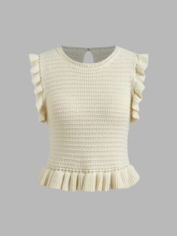 Cider - Knit Round Neckline Solid Ruffle Hem Cut Out Tank Top