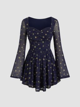 Cider - Mesh Sweetheart Neckline Star Glitter Ruffle Mini Dress