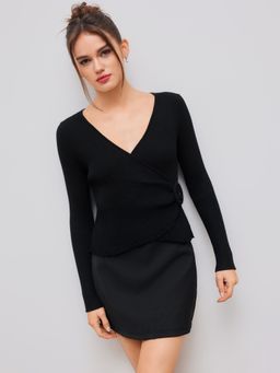 Cider - Knitted V-neck Solid Wrap Long Sleeve Top