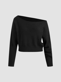 Cider - Knitted Boat Neck Solid Asymmetrical Long Sleeve Top
